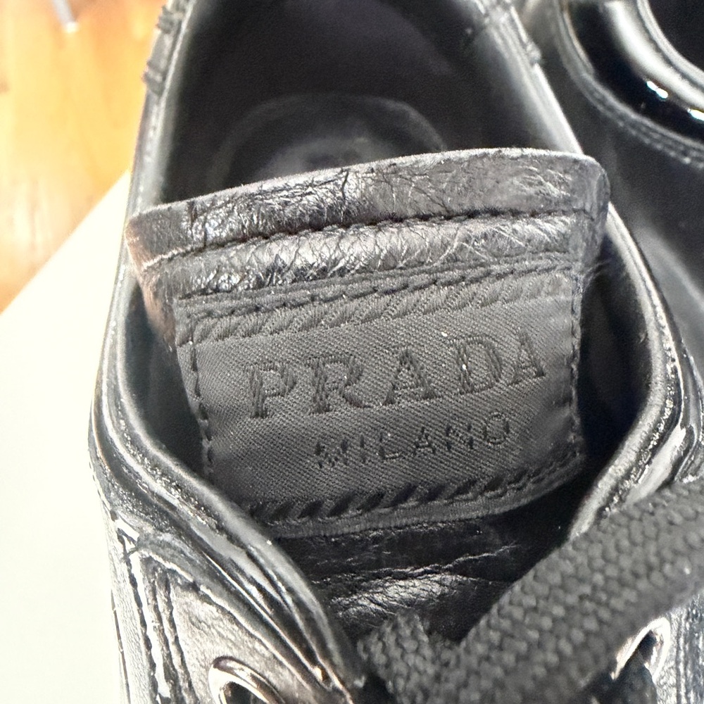 Authentic Prada Sport Milano Black Leather Logo Wedge Laceup Sneakers EU 38/US 8 - Picture 9 of 11